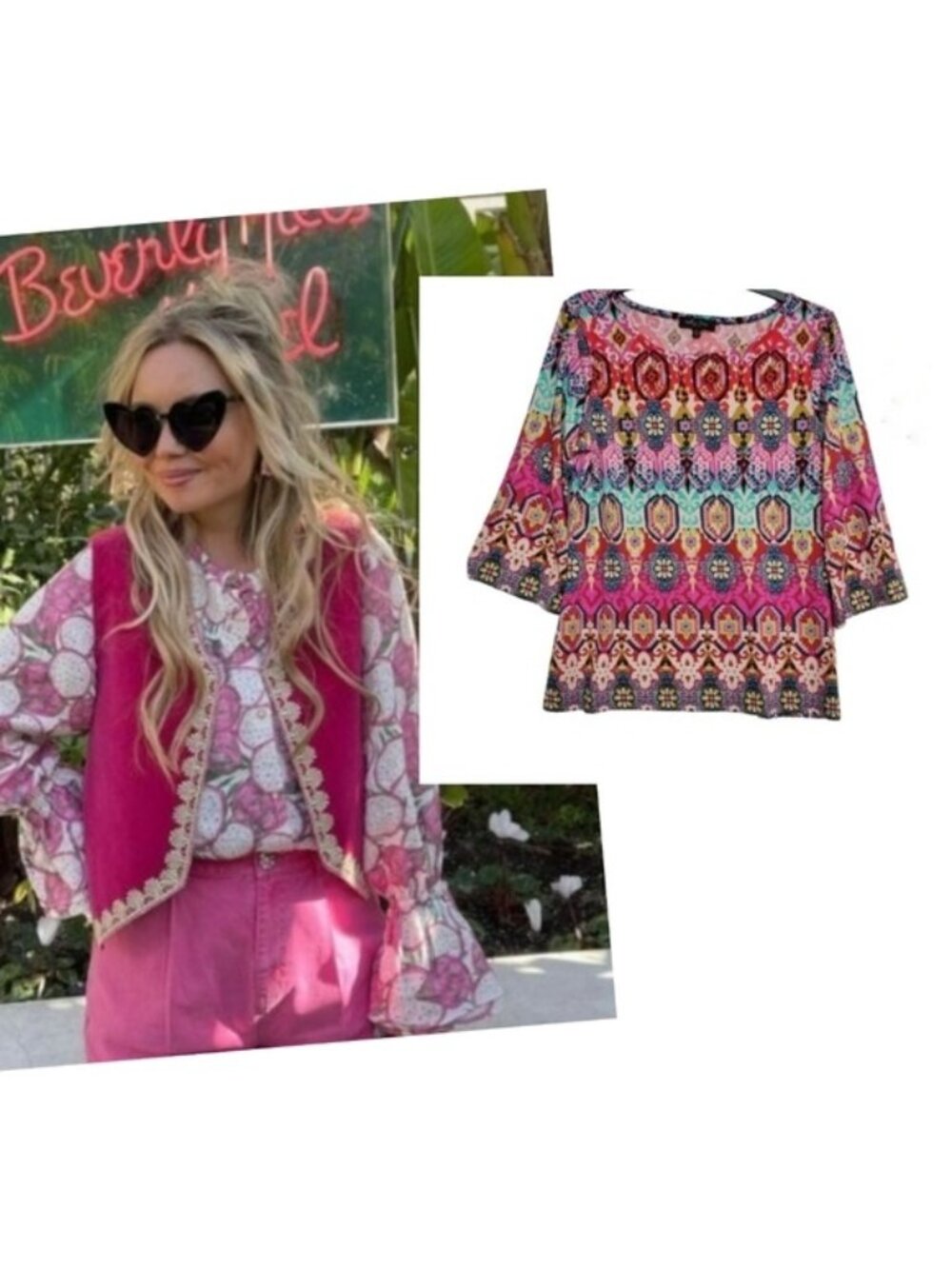 Pink Boho Top Tribal Art to Wear Stretchy Retro Top Size PL